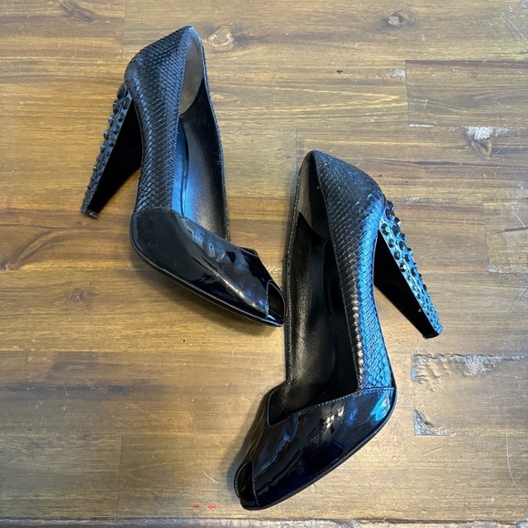 Miu Miu Black Patent Peep Toe Jeweled Heels Python Snake Skin Rhinestones 37